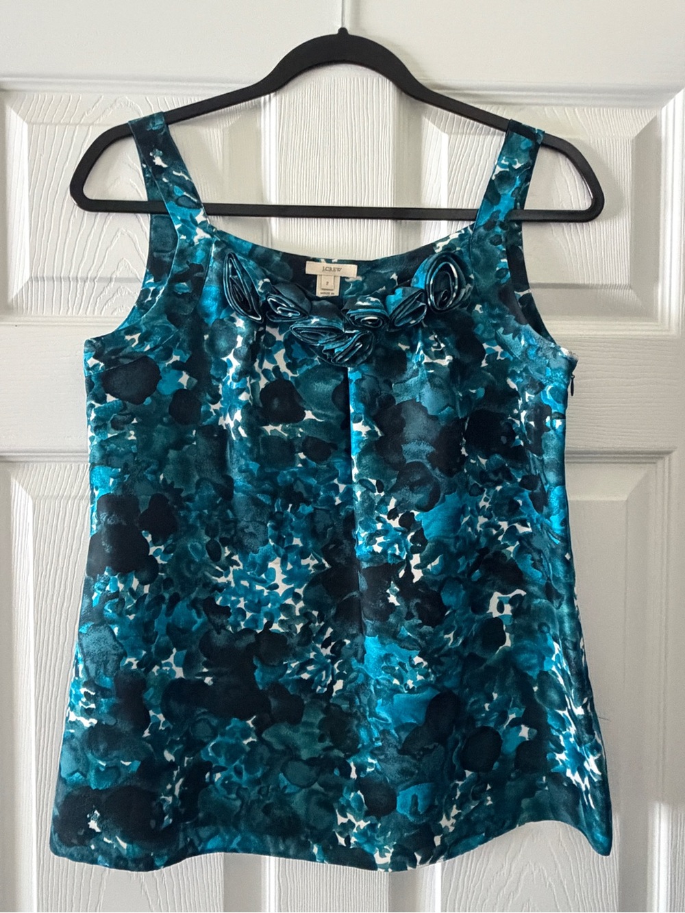 J. Crew Blue Floral Silk Tank Top with Rosette Detail